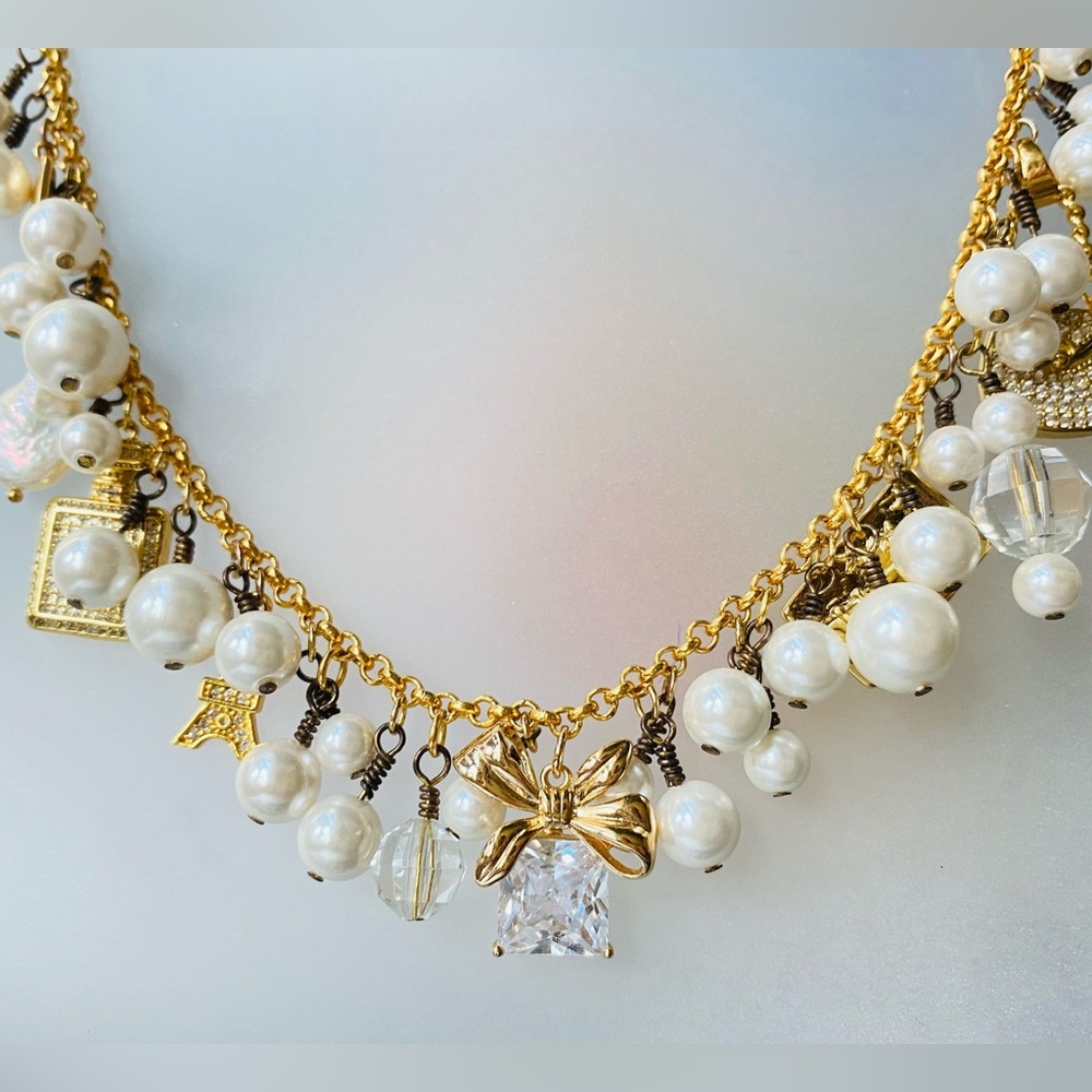 LilyLilyL Charming Gold-Tone & Pearl Statement Necklace w/Bow & Crystal Charms - Picture 7 of 10